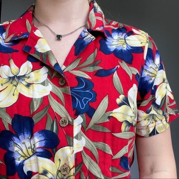 Vintage Women’s 90s Island Traders Red Tropical Floral Hawaiian Button Down Sz S - Picture 11 of 11